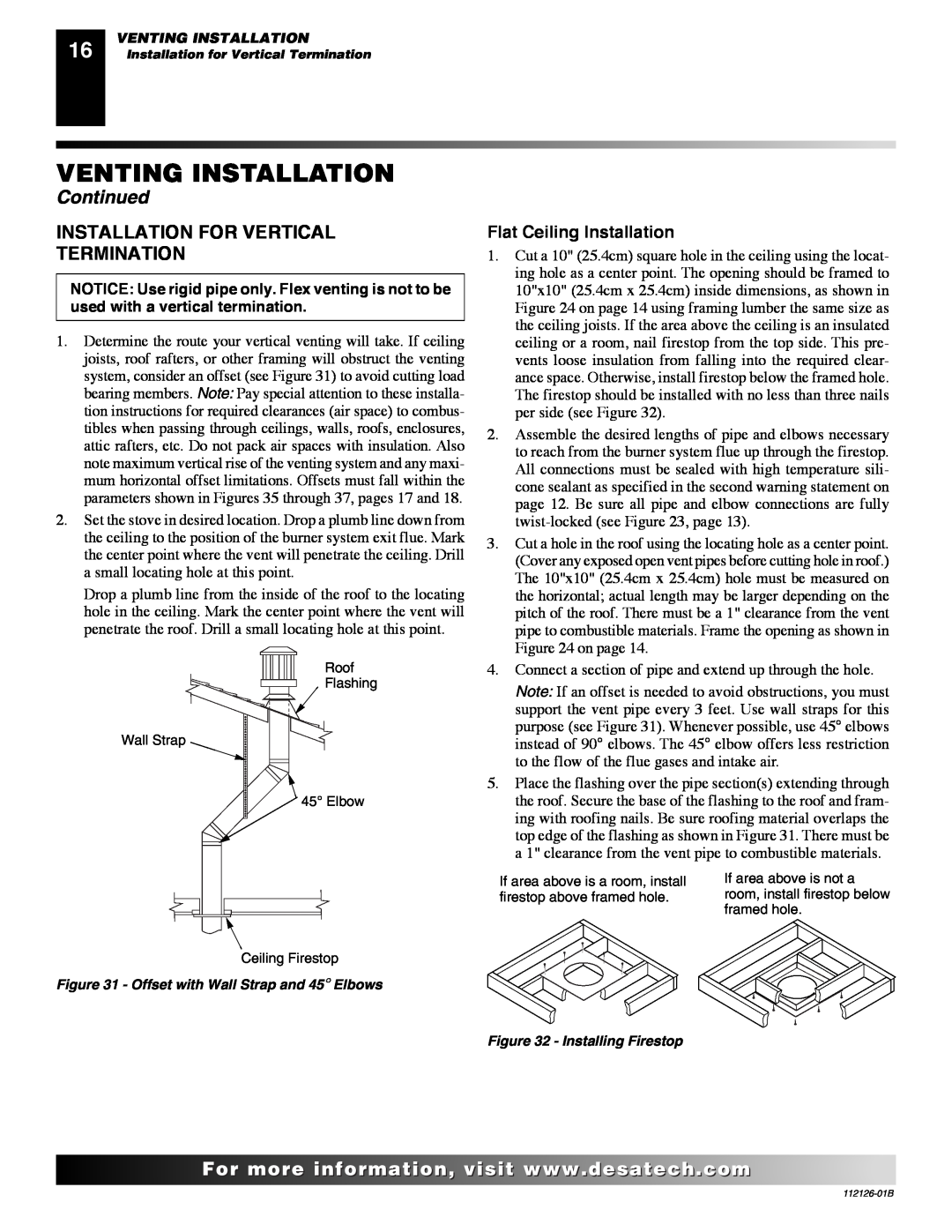 Desa SDVBND, SDVBPD Installation For Vertical Termination, Venting Installation, Continued, Flat Ceiling Installation 