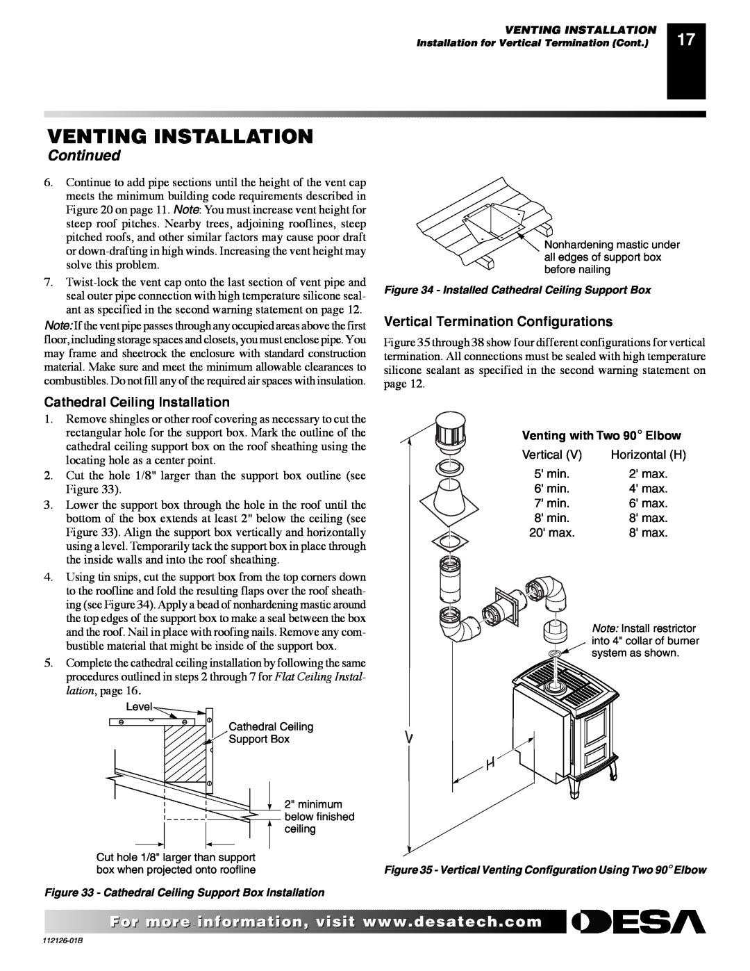 Desa SDVBPD, SDVBND Venting Installation, Continued, Cathedral Ceiling Installation, Vertical Termination Configurations 