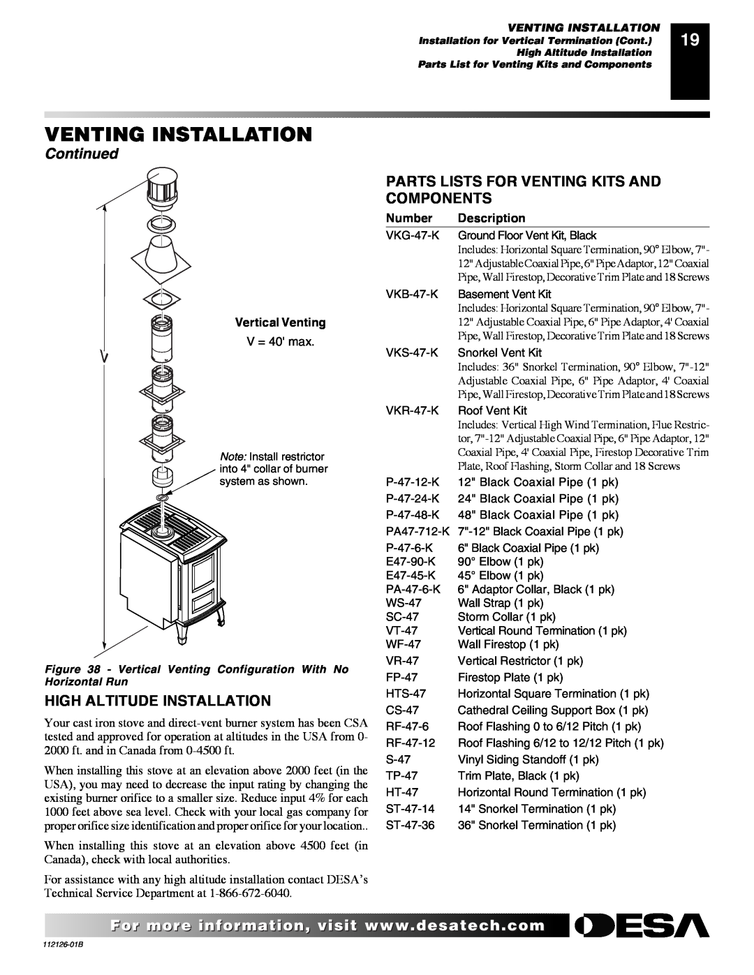 Desa SDVBPD High Altitude Installation, Parts Lists For Venting Kits And Components, Venting Installation, Continued 
