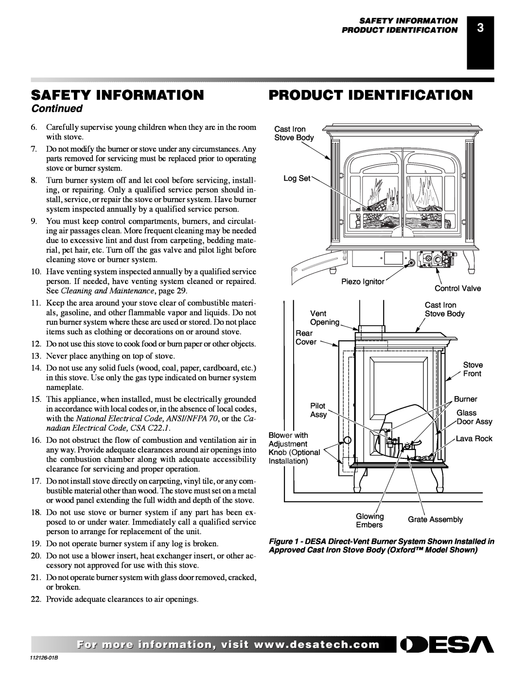 Desa SDVBPD, SDVBND Product Identification, Continued, Safety Information, See Cleaning and Maintenance, page 