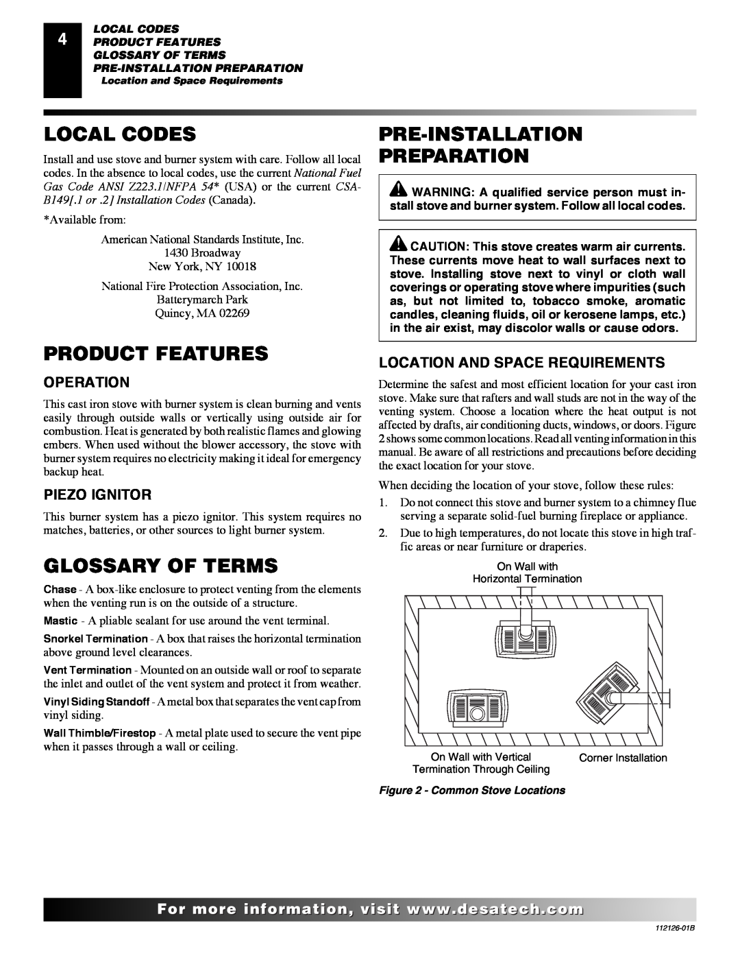 Desa SDVBND Local Codes, Pre-Installation Preparation, Product Features, Glossary Of Terms, Operation, Piezo Ignitor 