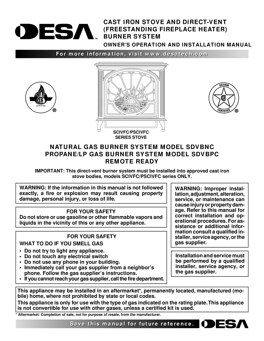 Desa SDVBNC, SDVBPC installation manual OWNER’S Operation and Installation Manual, For Your Safety 