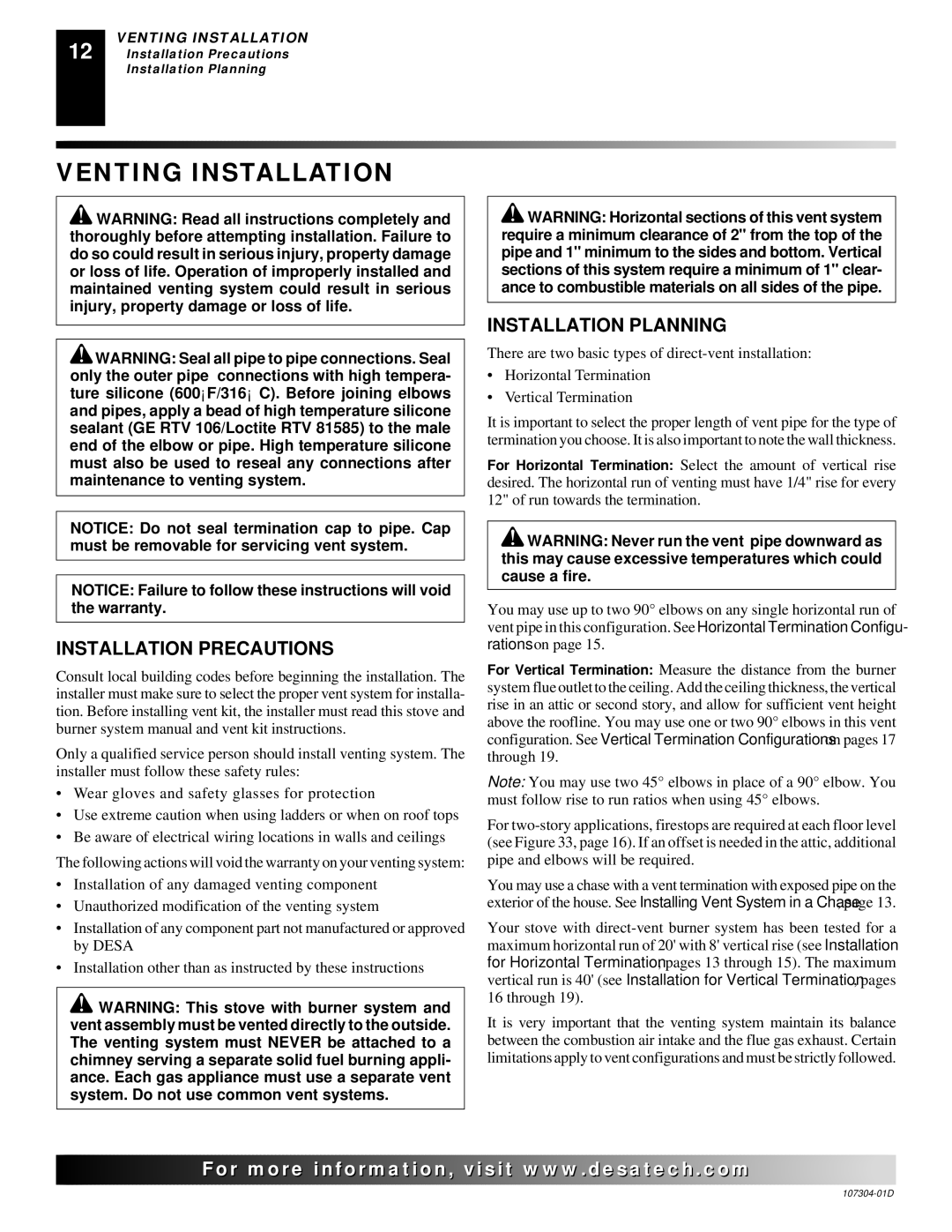 Desa SDVBPC, SDVBNC installation manual Venting Installation, Installation Precautions, Installation Planning 