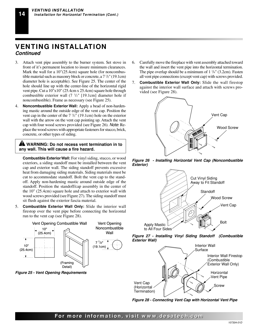 Desa SDVBPC, SDVBNC installation manual Installing Horizontal Vent Cap Noncombustible Exterior 