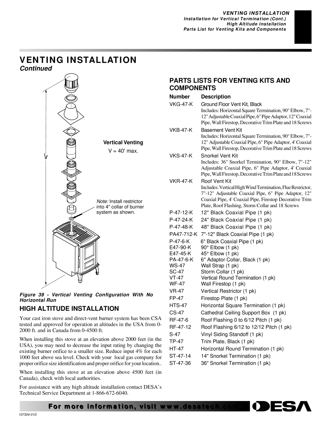 Desa SDVBNC, SDVBPC installation manual High Altitude Installation, Parts Lists for Venting Kits and Components 