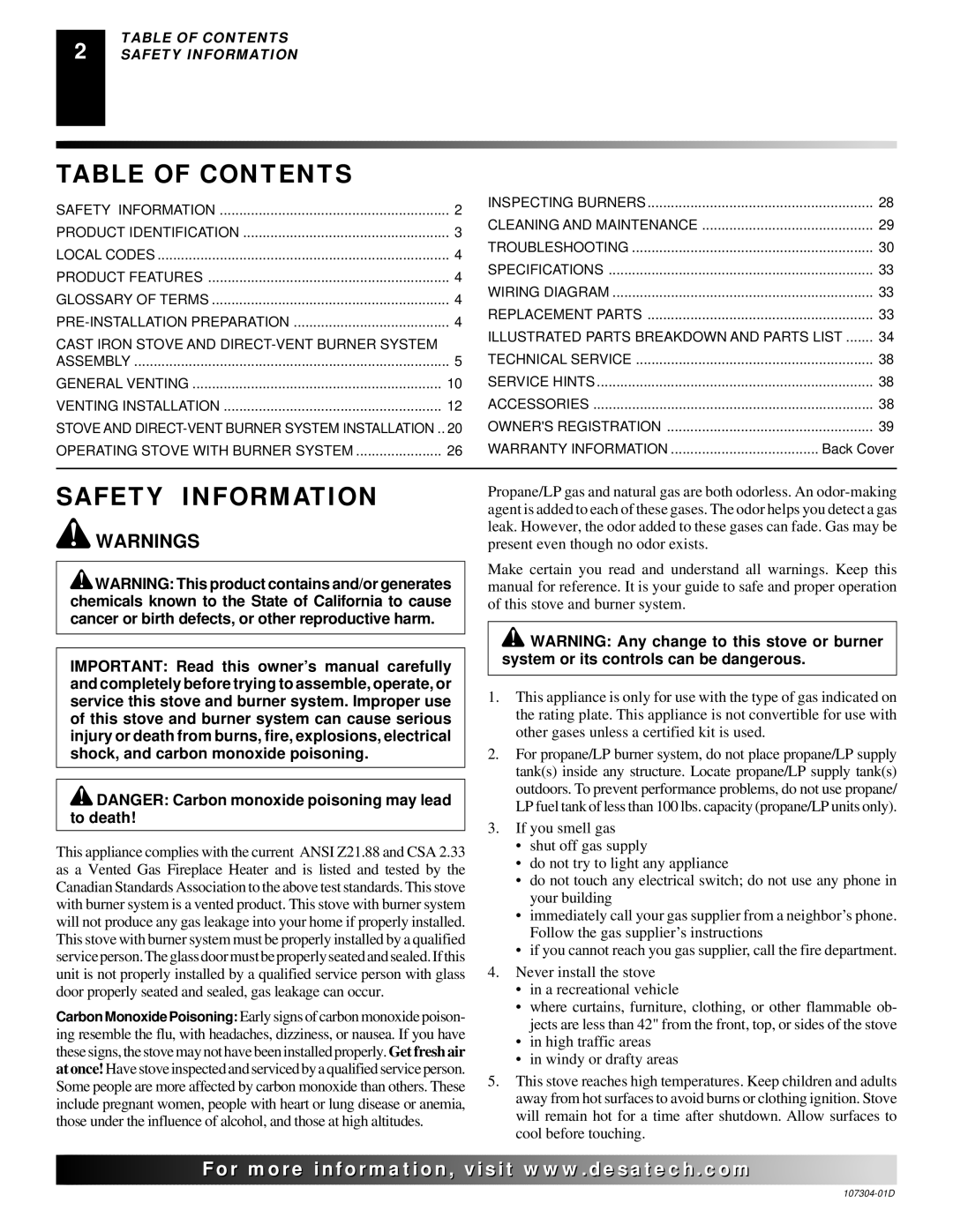 Desa SDVBPC, SDVBNC installation manual Table of Contents, Safety Information 