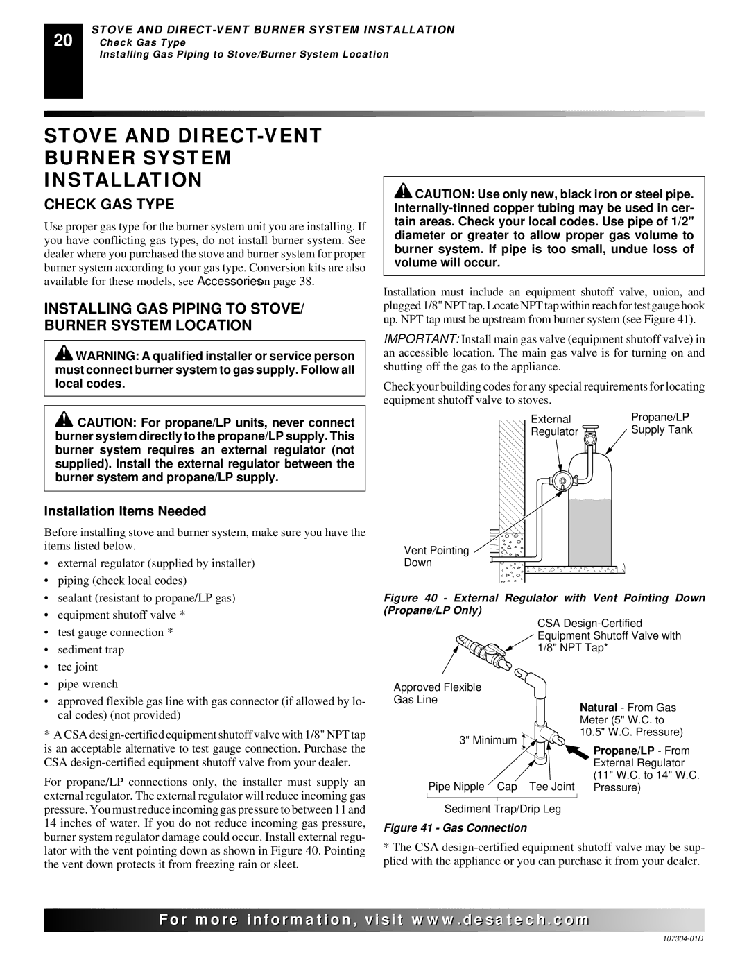 Desa SDVBPC, SDVBNC Stove and DIRECT-VENT Burner System Installation, Check GAS Type, Installation Items Needed 