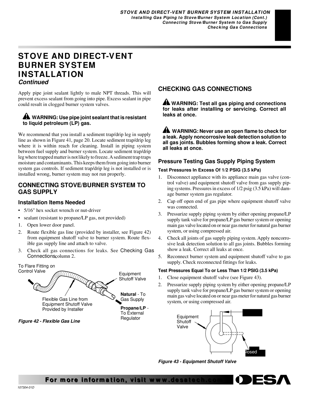 Desa SDVBNC, SDVBPC installation manual Connecting STOVE/BURNER System to GAS Supply, Checking GAS Connections 