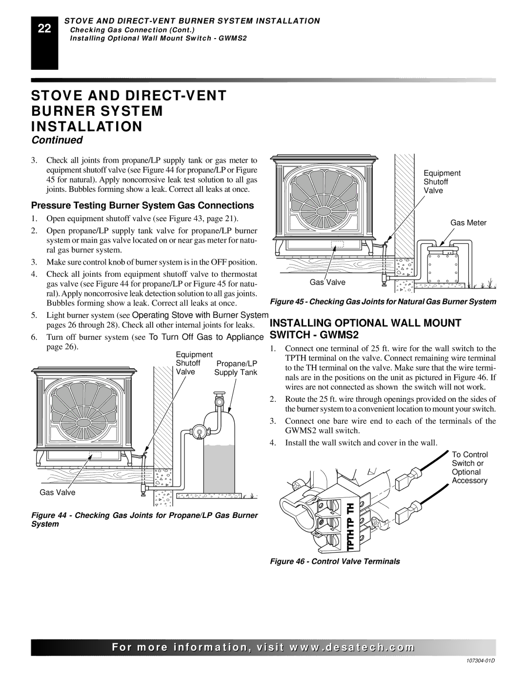 Desa SDVBPC, SDVBNC Installing Optional Wall Mount Switch GWMS2, Pressure Testing Burner System Gas Connections 