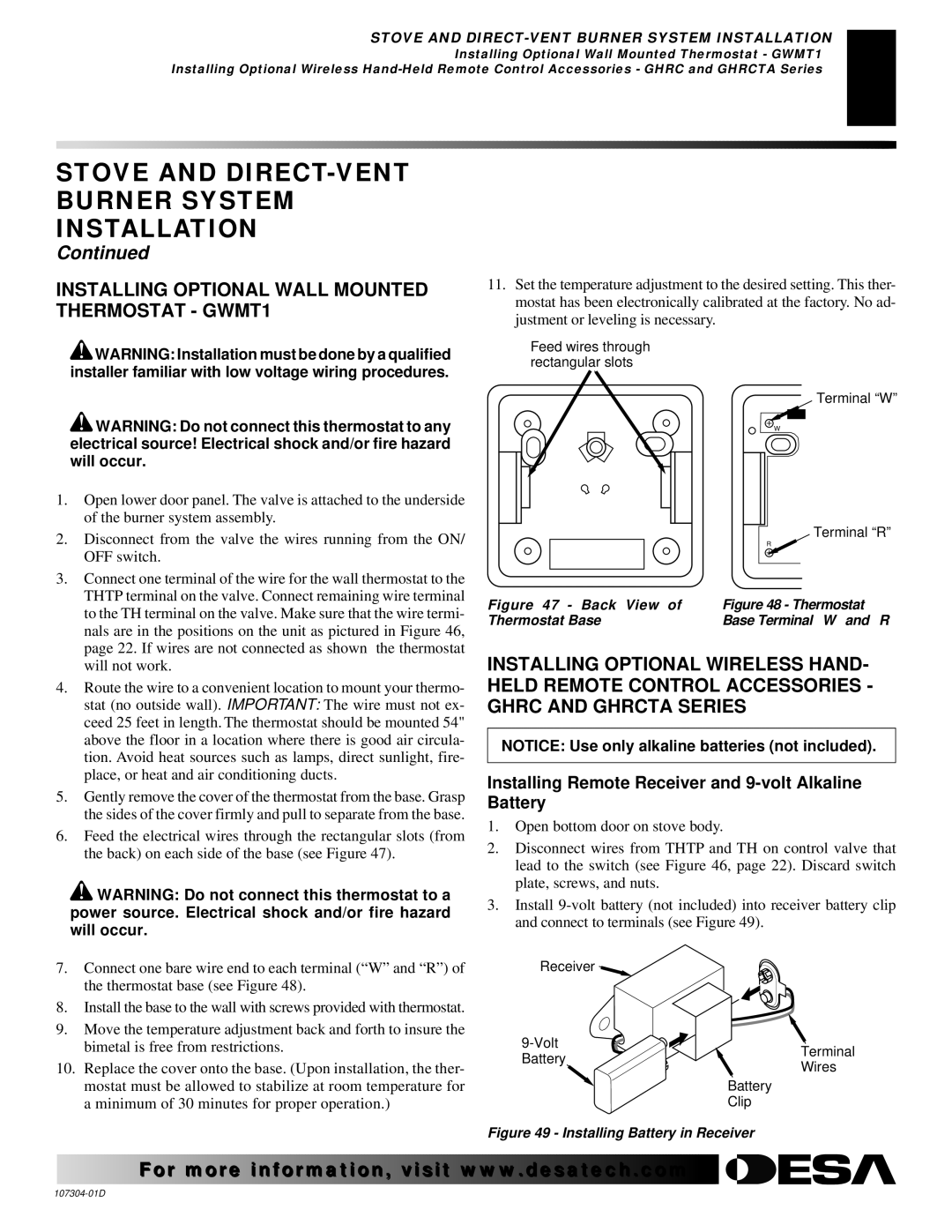 Desa SDVBNC Installing Optional Wall Mounted Thermostat GWMT1, Installing Remote Receiver and 9-volt Alkaline Battery 