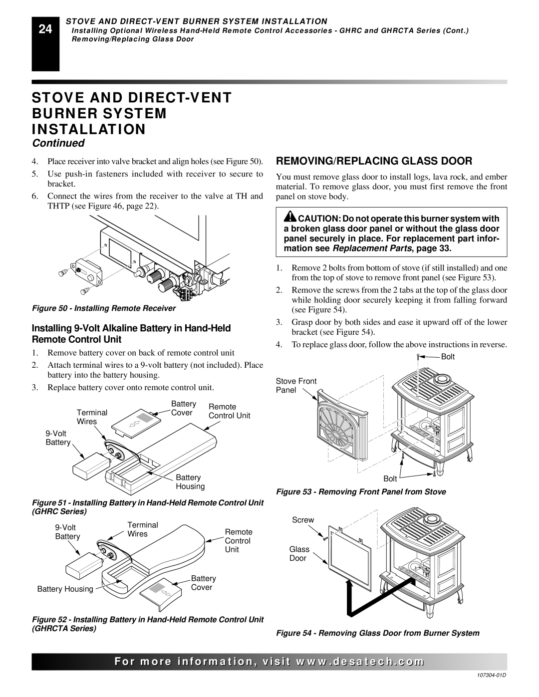 Desa SDVBPC, SDVBNC installation manual REMOVING/REPLACING Glass Door, Installing Remote Receiver 