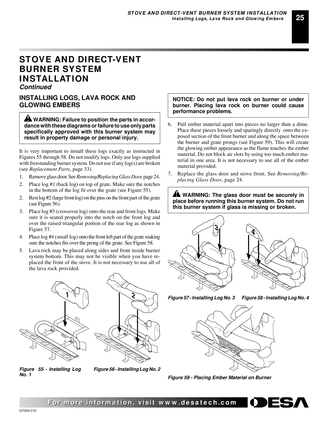 Desa SDVBNC, SDVBPC installation manual Installing LOGS, Lava Rock and Glowing Embers, Installing Log No Installing Log No 