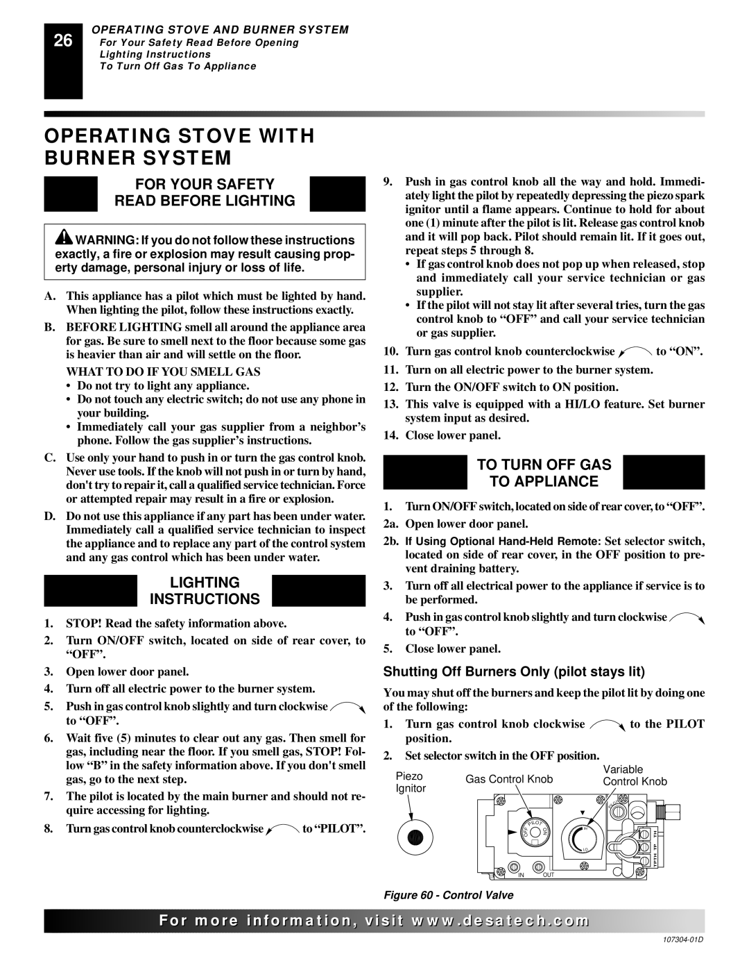 Desa SDVBPC, SDVBNC Operating Stove with Burner System, For Your Safety Read Before Lighting, Lighting Instructions 