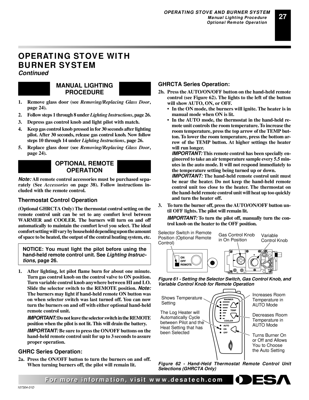 Desa SDVBNC Manual Lighting Procedure, Optional Remote Operation, Thermostat Control Operation, Ghrcta Series Operation 