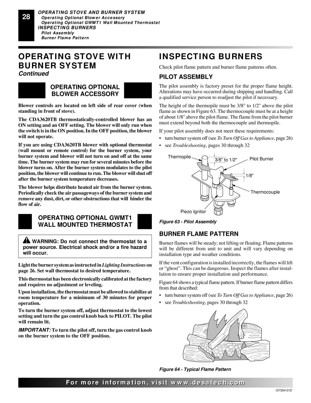 Desa SDVBPC Inspecting Burners, Operating Optional Blower Accessory, Operating Optional GWMT1 Wall Mounted Thermostat 