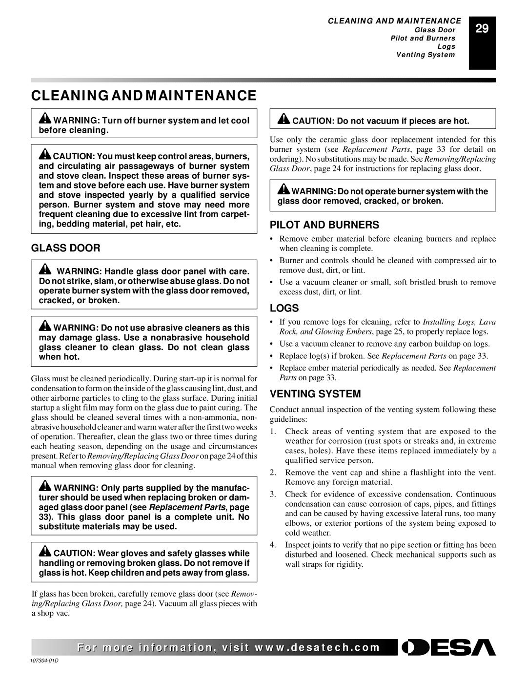 Desa SDVBNC, SDVBPC installation manual Cleaning and Maintenance, Glass Door, Pilot and Burners, Logs, Venting System 