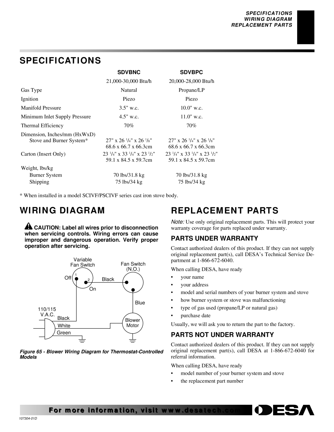 Desa SDVBNC, SDVBPC Specifications, Wiring Diagram, Replacement Parts, Parts Under Warranty, Parts not Under Warranty 