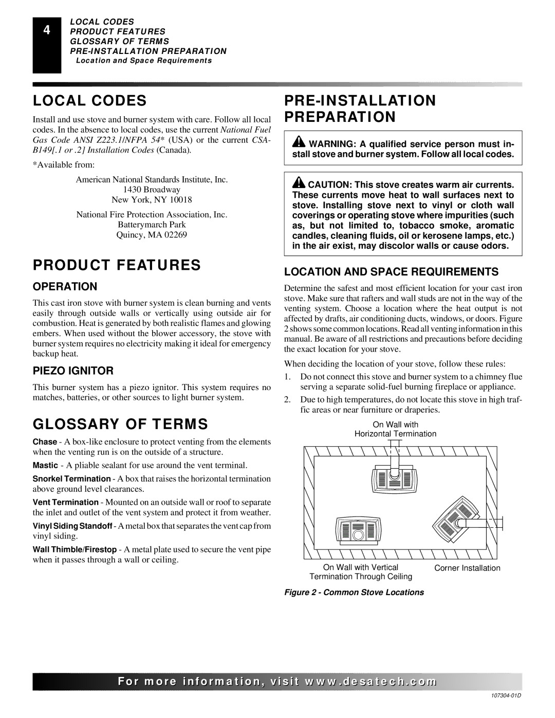 Desa SDVBPC, SDVBNC installation manual Local Codes, PRE-INSTALLATION Preparation Product Features, Glossary of Terms 