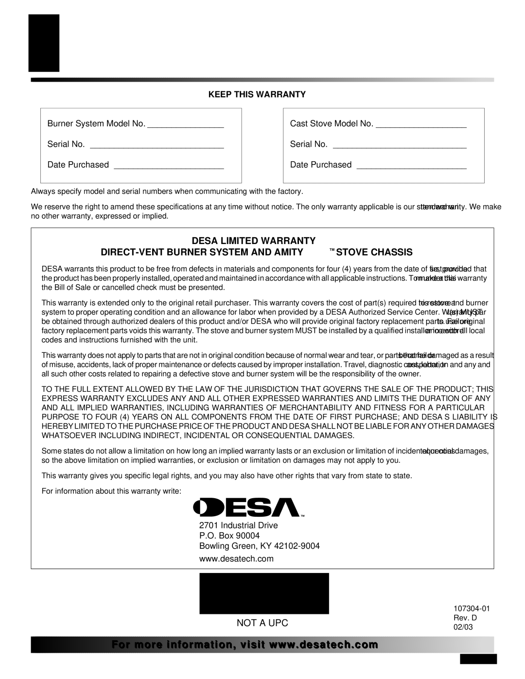 Desa SDVBPC, SDVBNC installation manual Warranty Information 