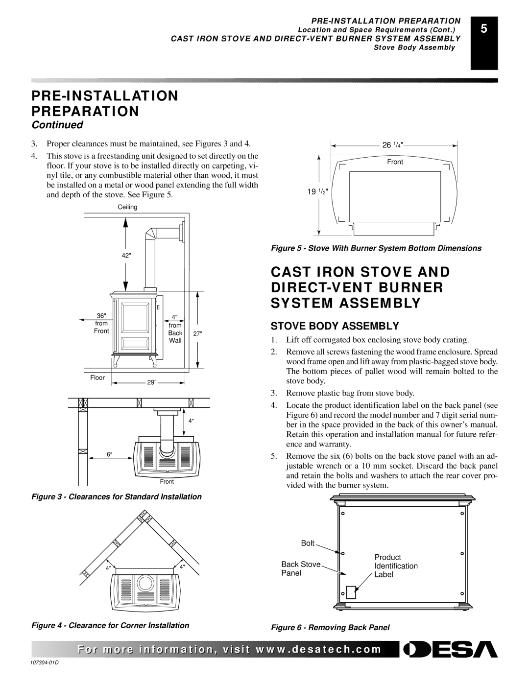 Desa SDVBNC PRE-INSTALLATION Preparation, Cast Iron Stove and DIRECT-VENT Burner System Assembly, Stove Body Assembly 