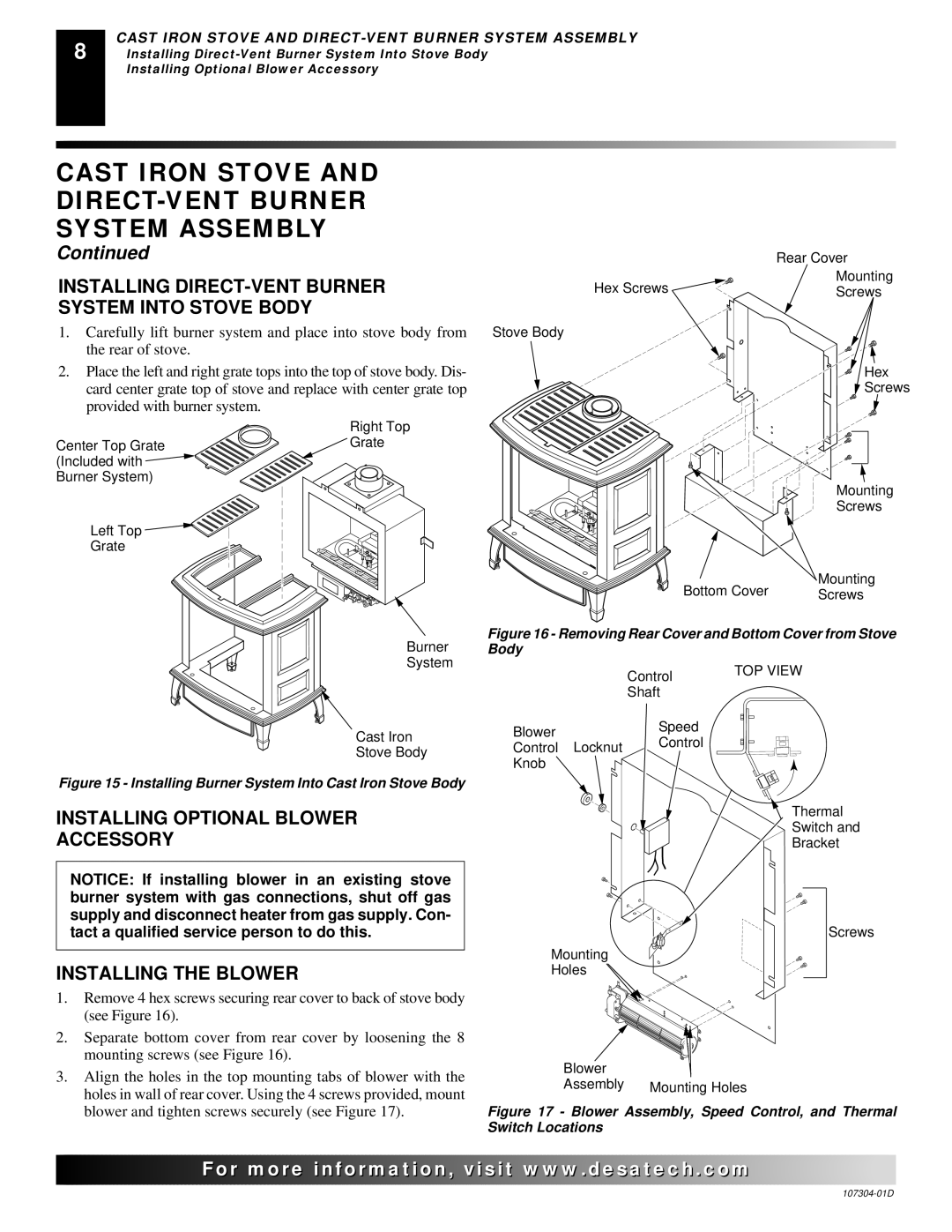 Desa SDVBPC, SDVBNC installation manual Installing DIRECT-VENT Burner System Into Stove Body 