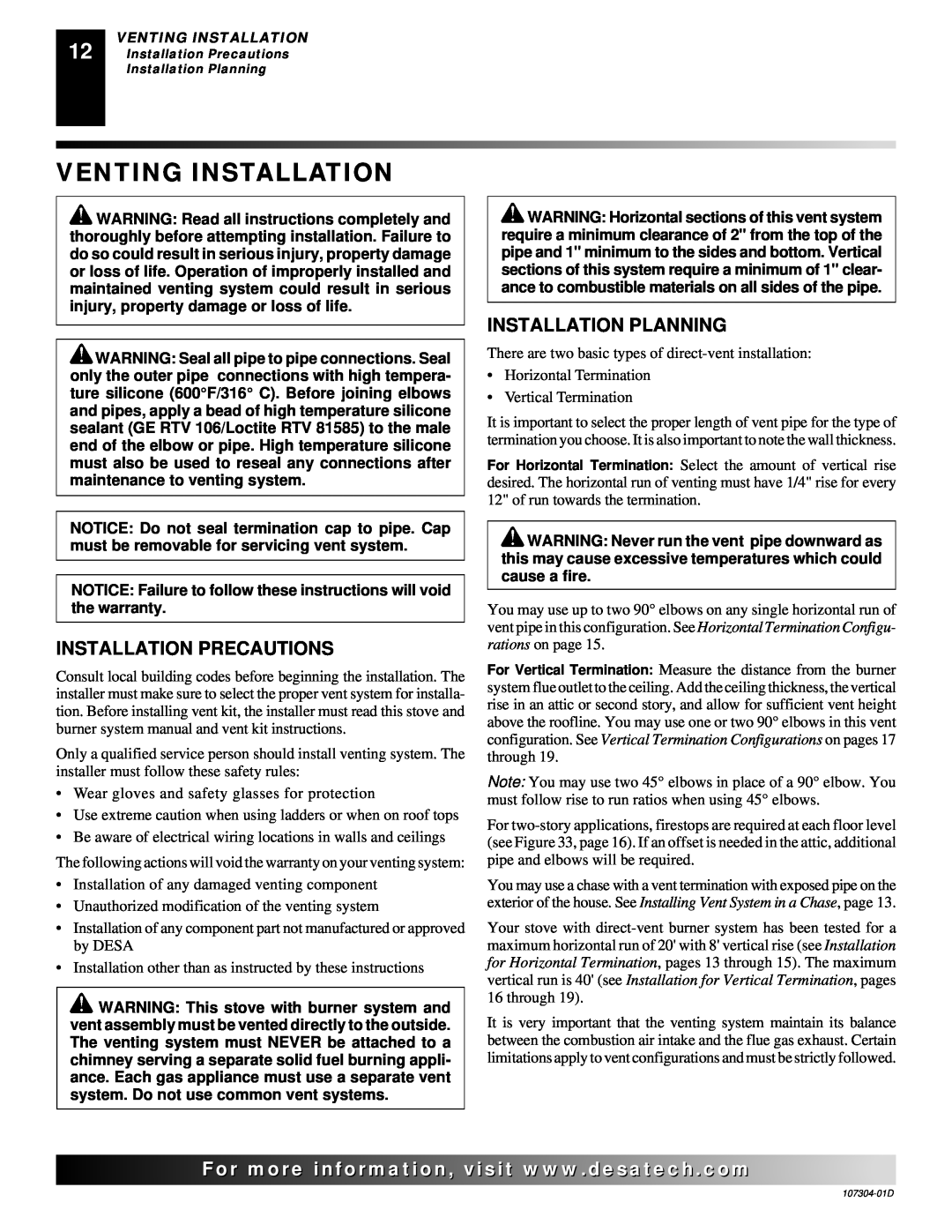 Desa SDVBPC, SDVBNC installation manual Venting Installation, Installation Precautions, Installation Planning 