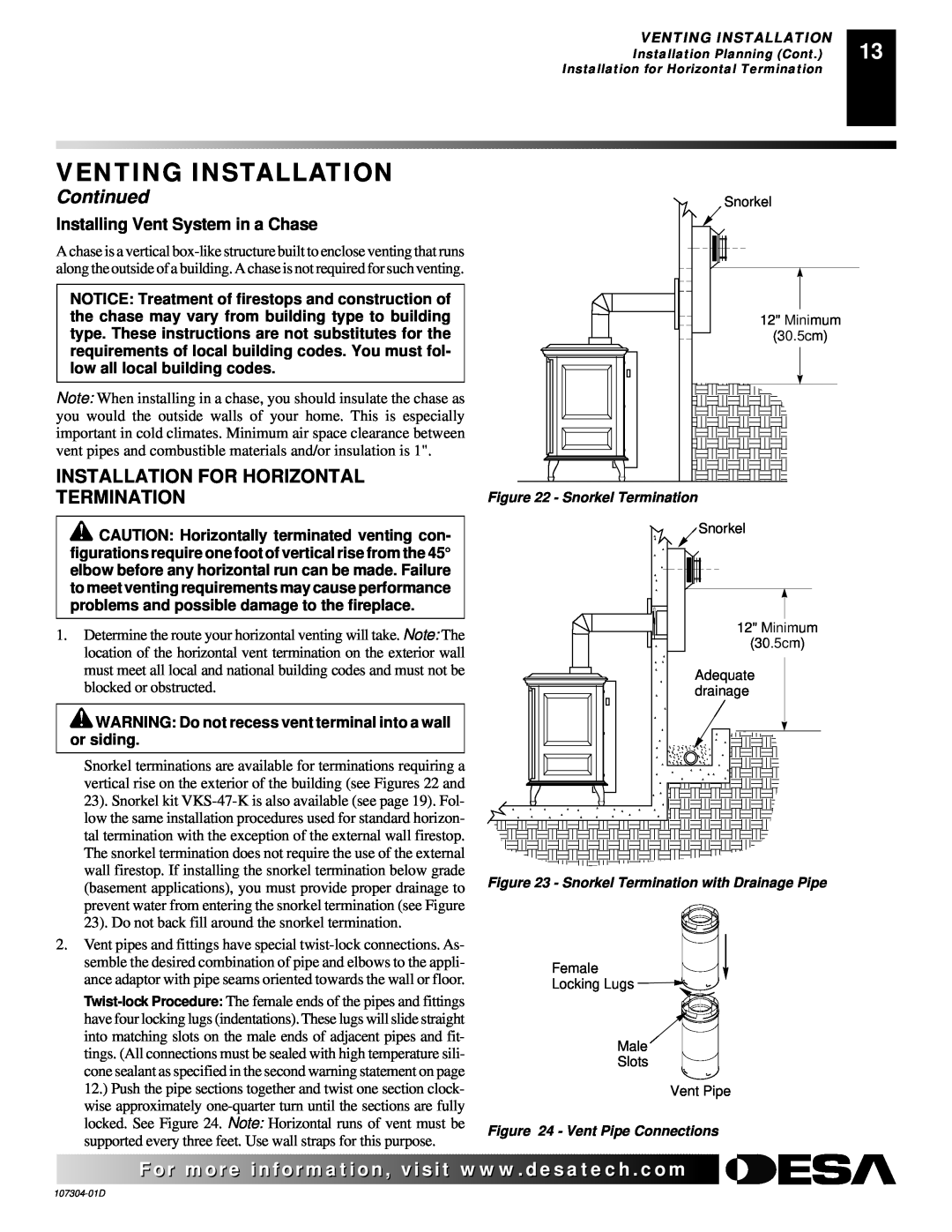 Desa SDVBNC Installation For Horizontal Termination, Venting Installation, Continued, Installing Vent System in a Chase 