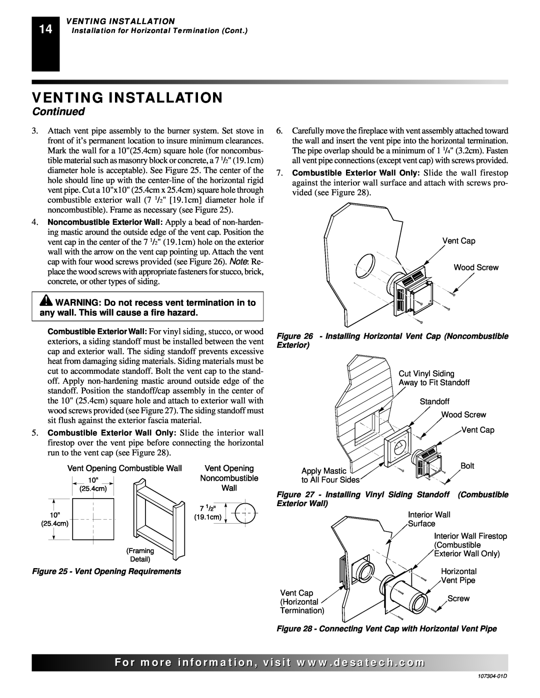 Desa SDVBPC, SDVBNC installation manual Venting Installation, Continued, Vent Opening Requirements 