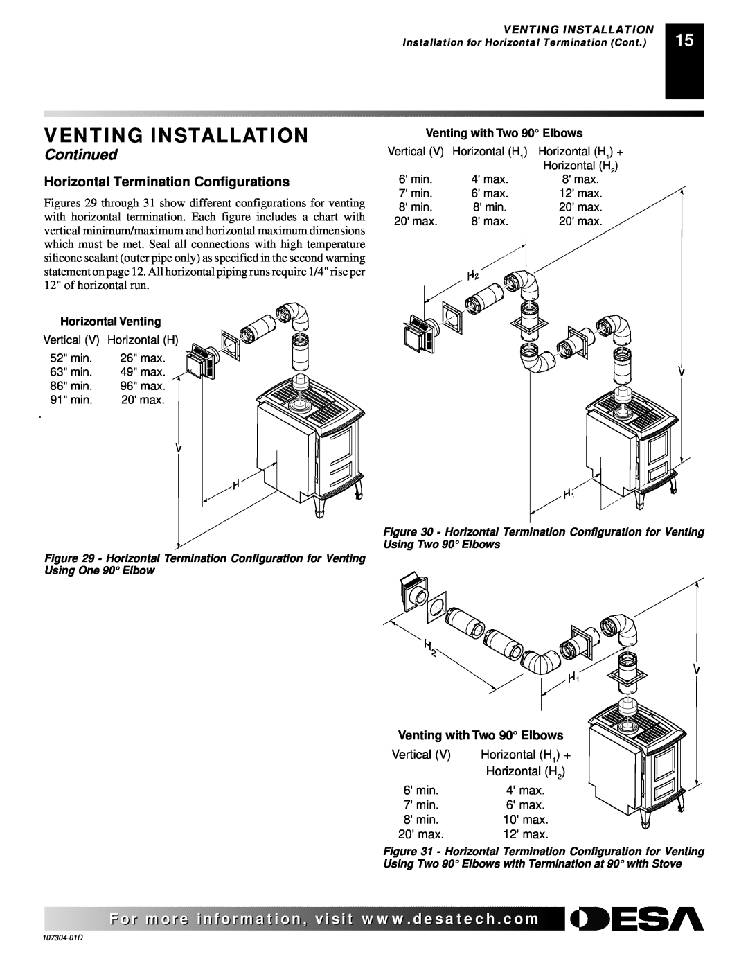 Desa SDVBNC, SDVBPC Venting Installation, Continued, Horizontal Termination Configurations, Horizontal Venting 