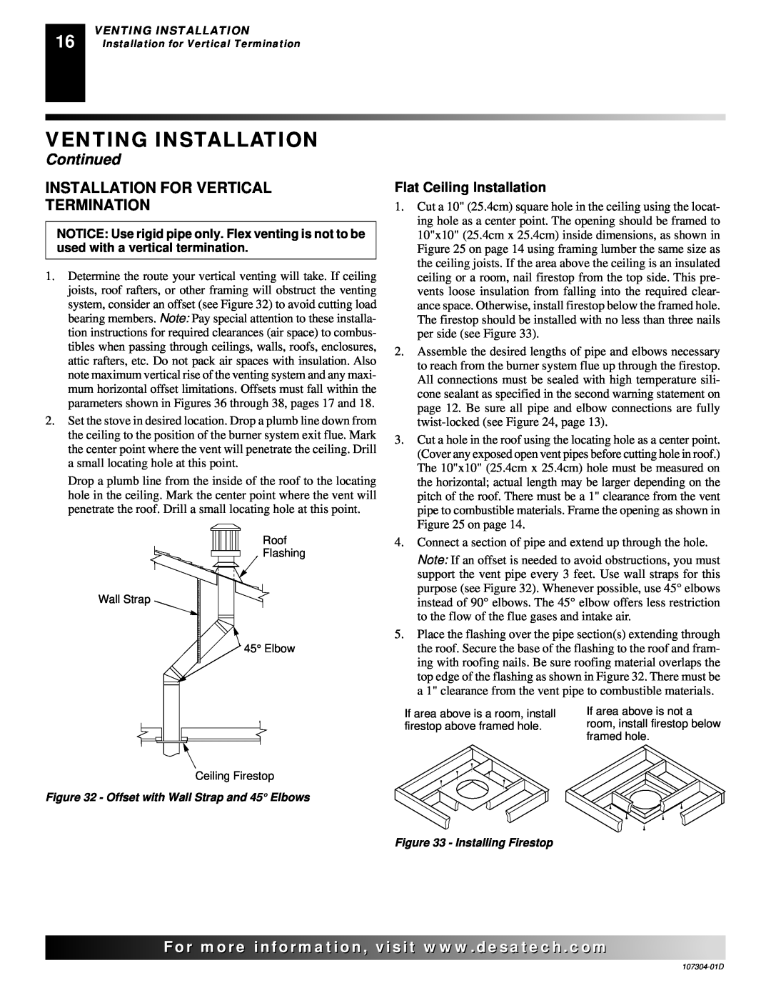 Desa SDVBPC, SDVBNC Installation For Vertical Termination, Venting Installation, Continued, Flat Ceiling Installation 