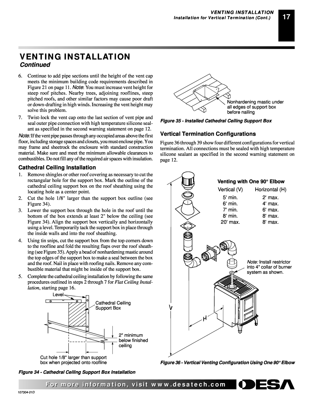 Desa SDVBNC, SDVBPC Venting Installation, Continued, Cathedral Ceiling Installation, Vertical Termination Configurations 