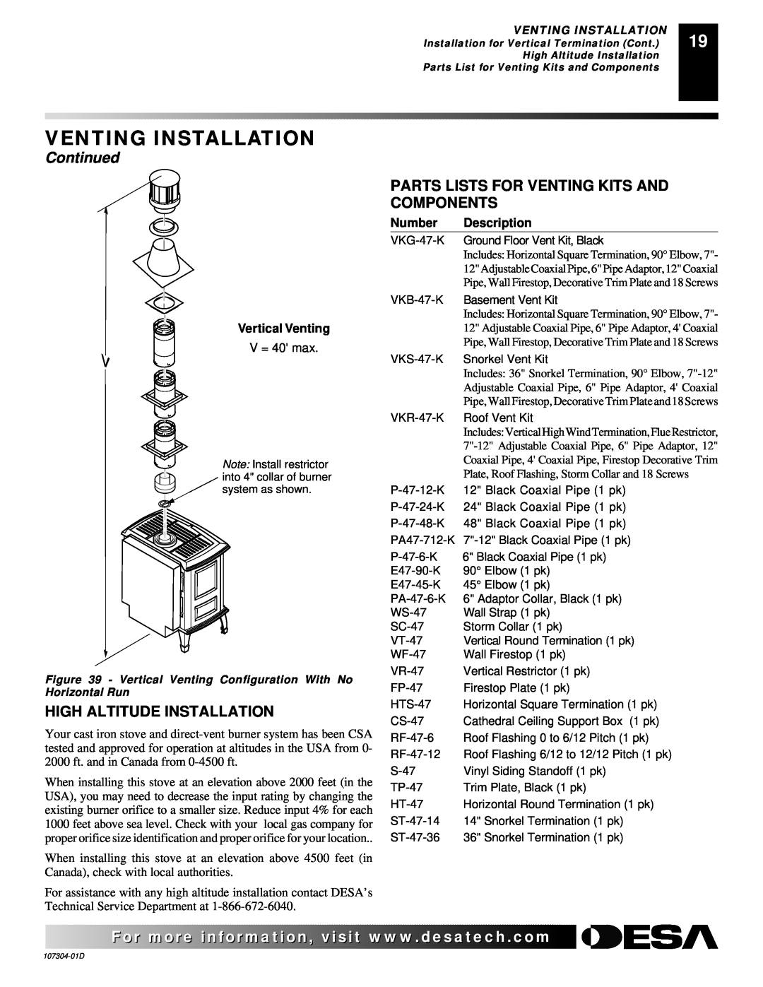 Desa SDVBNC High Altitude Installation, Parts Lists For Venting Kits And Components, Venting Installation, Continued 