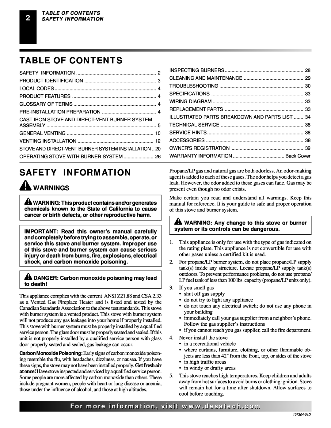 Desa SDVBPC, SDVBNC installation manual Table Of Contents, Safety Information, Warnings 
