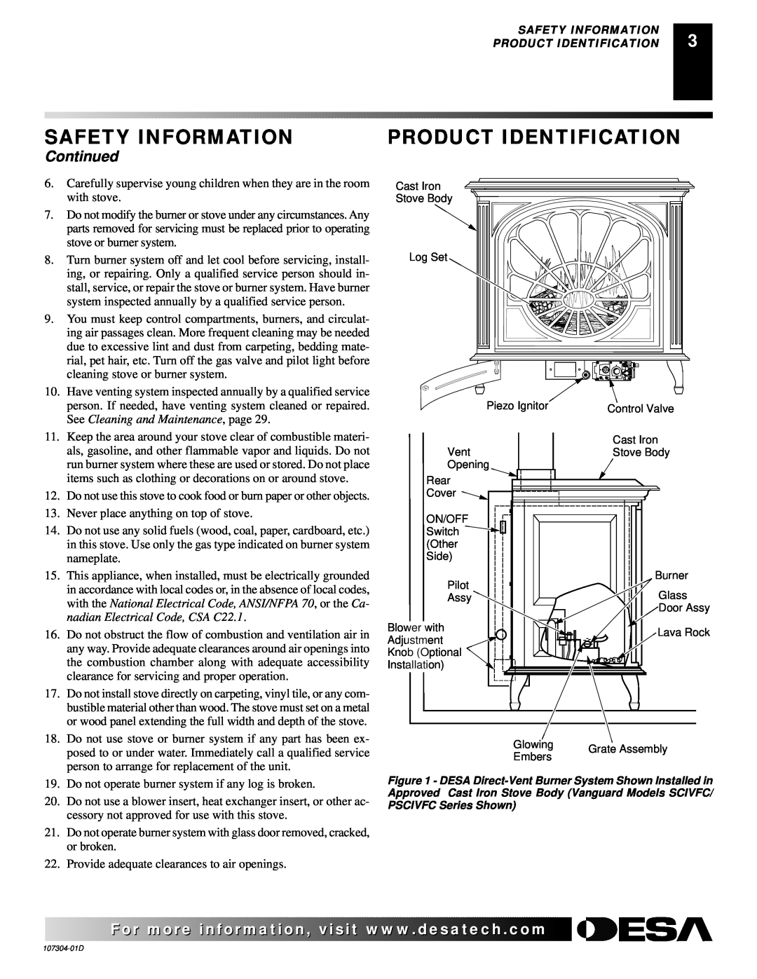 Desa SDVBNC, SDVBPC installation manual Product Identification, Continued, Safety Information 