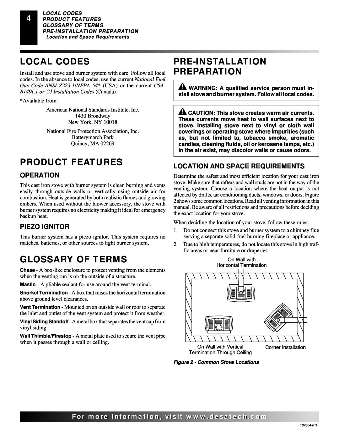 Desa SDVBPC Local Codes, Pre-Installation Preparation, Product Features, Glossary Of Terms, Operation, Piezo Ignitor 