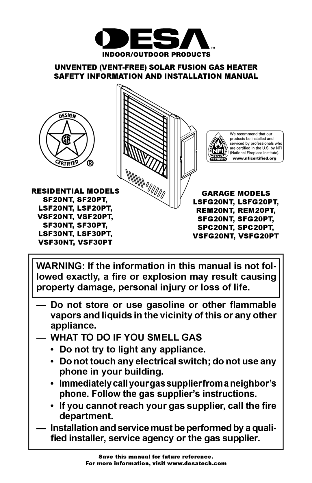 Desa SF20NT installation manual What to do if YOU Smell GAS, Residential Models Garage Models 