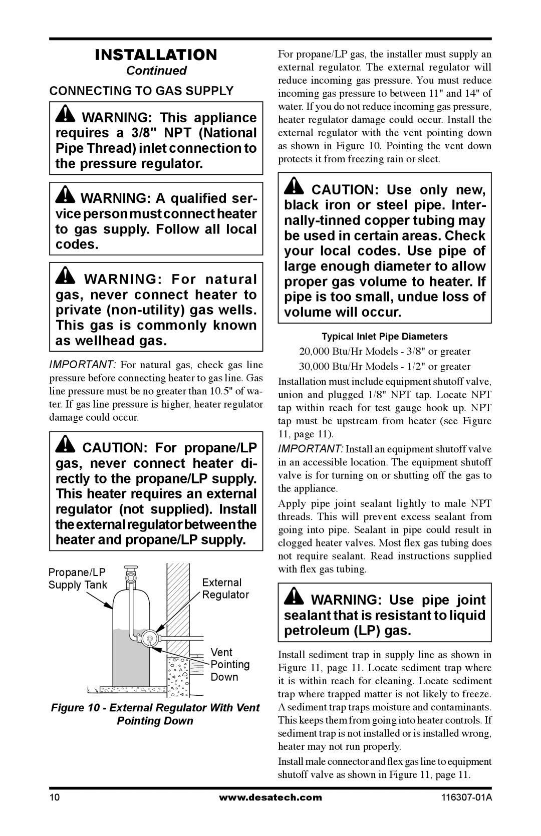 Desa SF20NT installation manual Connecting to GAS Supply, External Regulator With Vent Pointing Down 