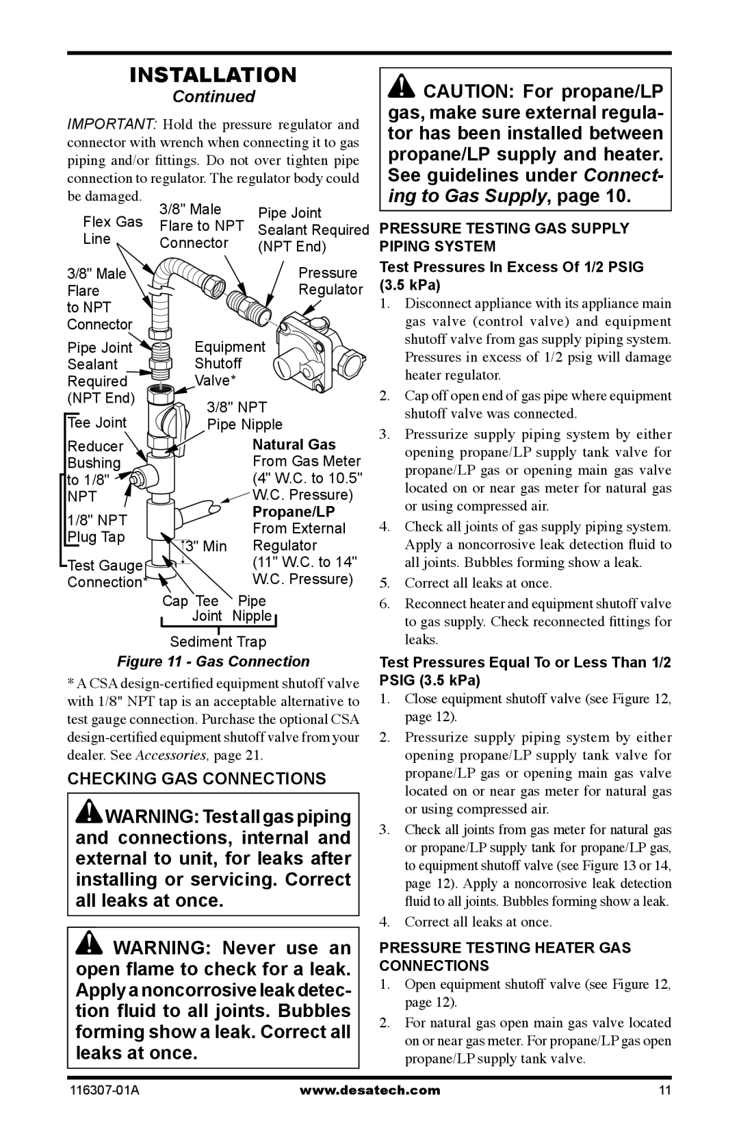 Desa SF20NT installation manual Checking GAS Connections, Test Pressures In Excess Of 1/2 Psig 3.5 kPa 