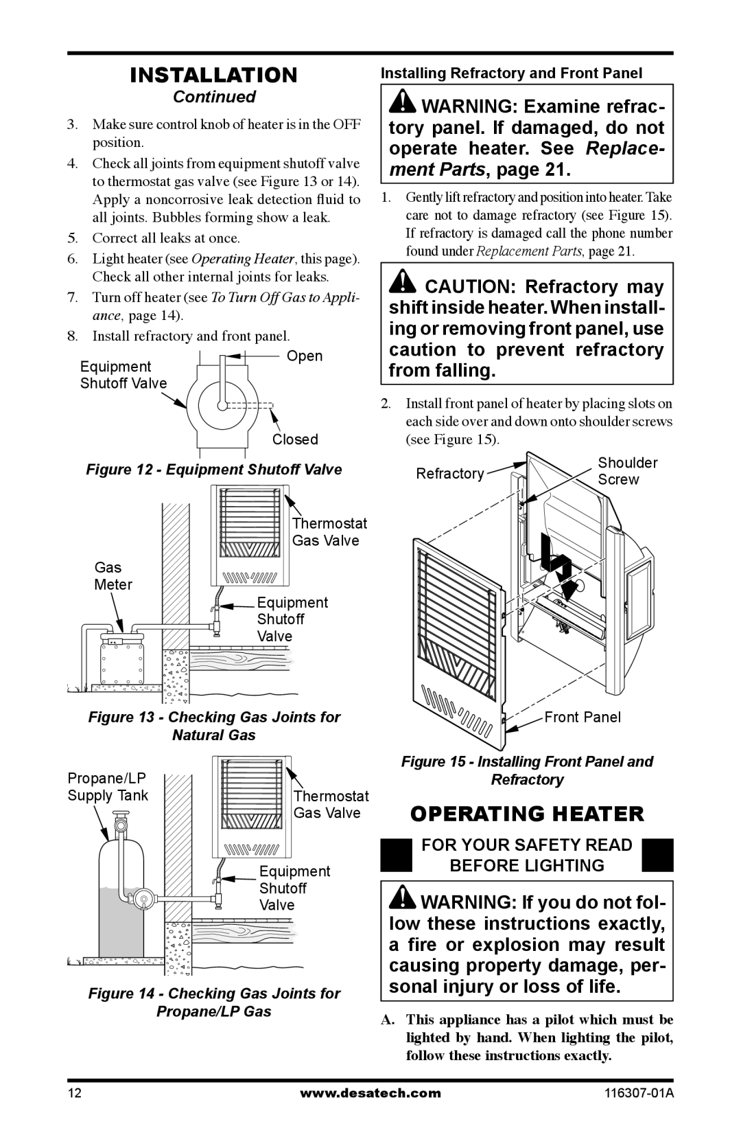 Desa SF20NT Operating Heater, For Your Safety Read Before Lighting, Installing Refractory and Front Panel 