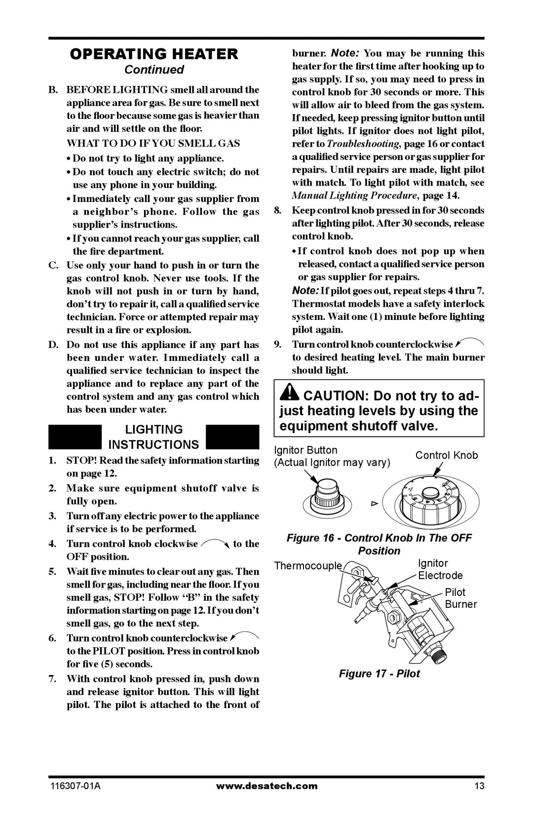 Desa SF20NT installation manual Lighting Instructions, What to do if YOU Smell GAS 