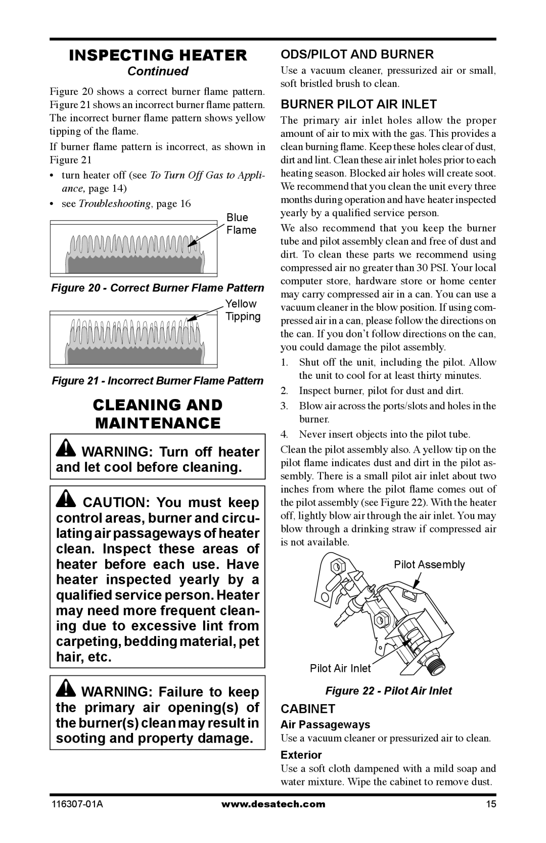 Desa SF20NT installation manual Cleaning Maintenance, ODS/PILOT and Burner, Burner Pilot AIR Inlet, Cabinet 