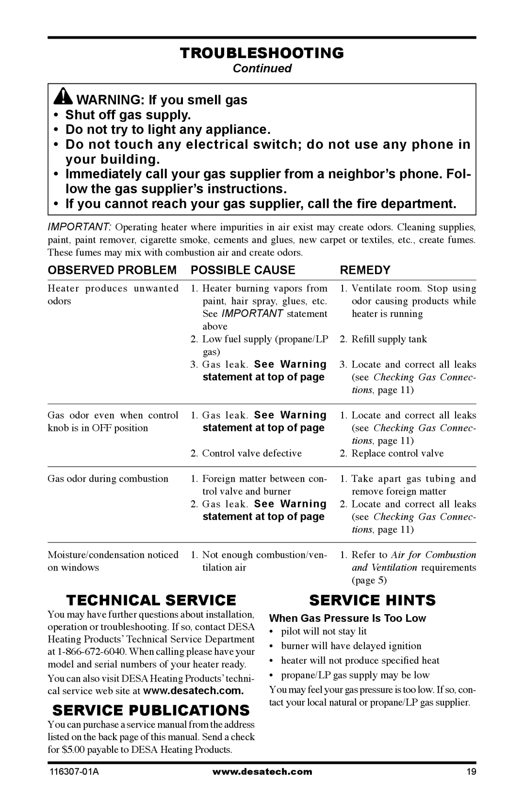 Desa SF20NT Technical Service, Service Publications Service Hints, Gas leak. See Warning, When Gas Pressure Is Too Low 