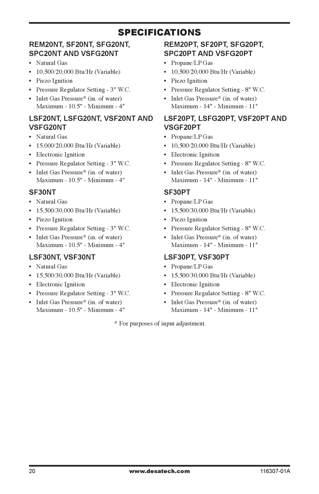 Desa SF20NT installation manual Specifications, SF30NT SF30PT, LSF30NT, VSF30NT LSF30PT, VSF30PT 