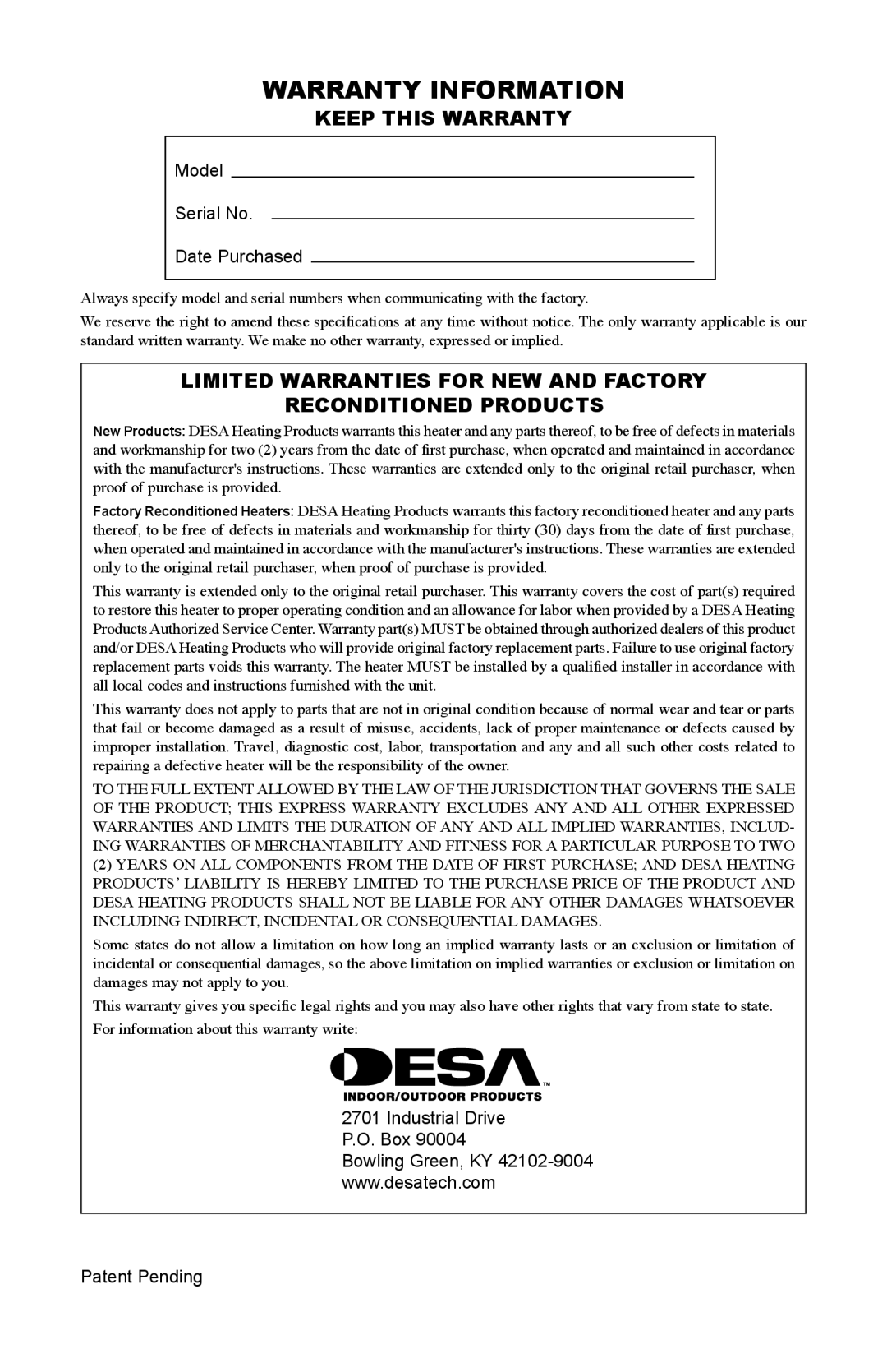 Desa SF20NT installation manual Warranty Information, Keep this Warranty 