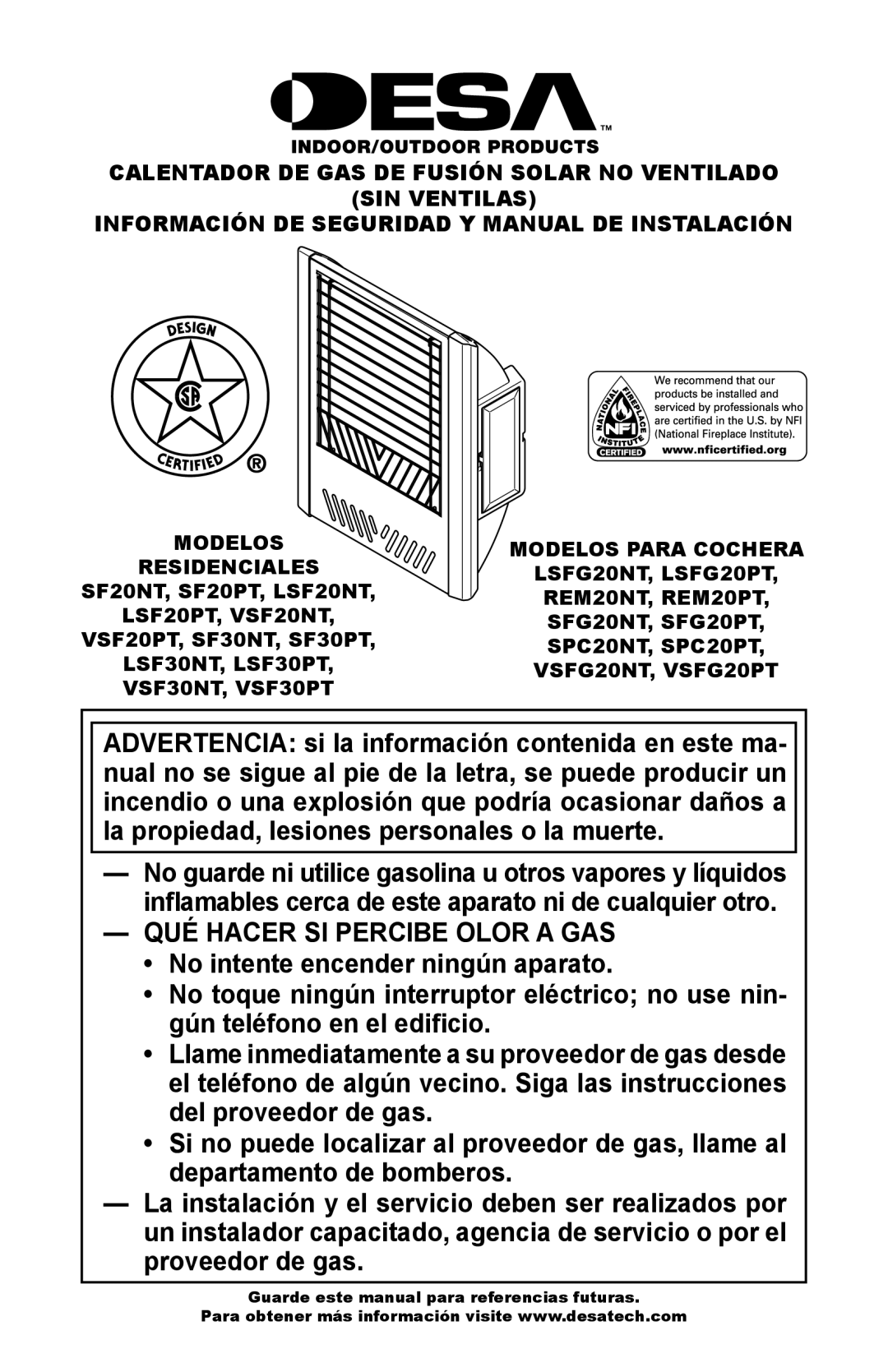 Desa SF20NT installation manual QUÉ Hacer SI Percibe Olor a GAS, Modelos Modelos Para Cochera 