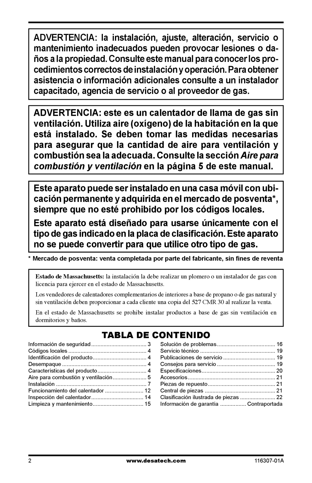 Desa SF20NT installation manual Tabla DE Contenido 