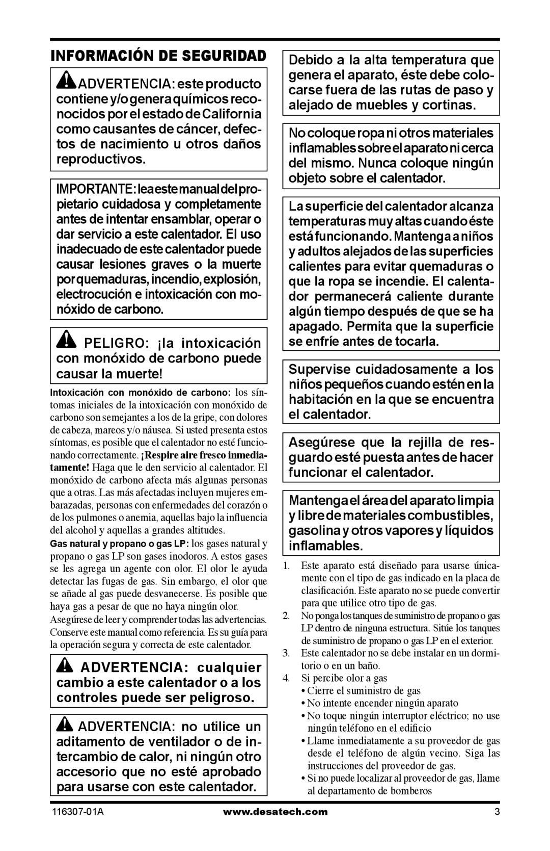 Desa SF20NT installation manual Información DE Seguridad 