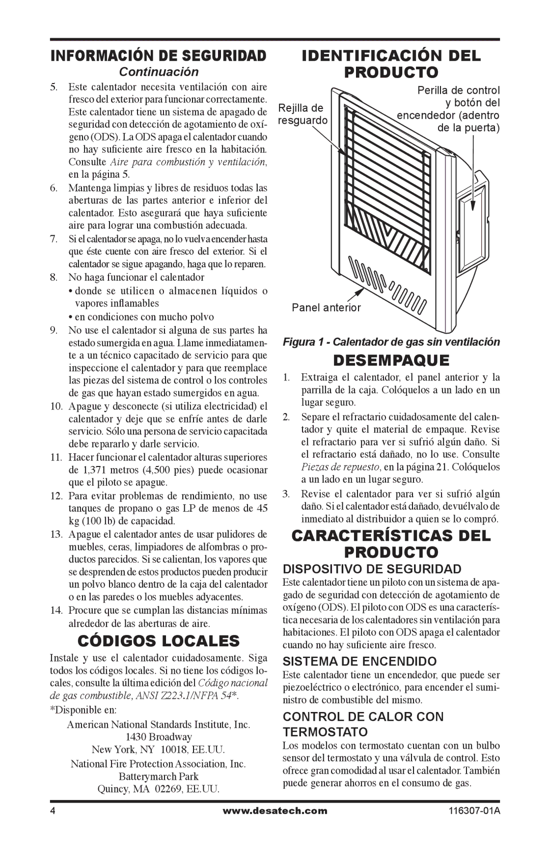 Desa SF20NT Códigos Locales, Identificación DEL Producto, Desempaque, Características DEL Producto, Control DE Calor CON 