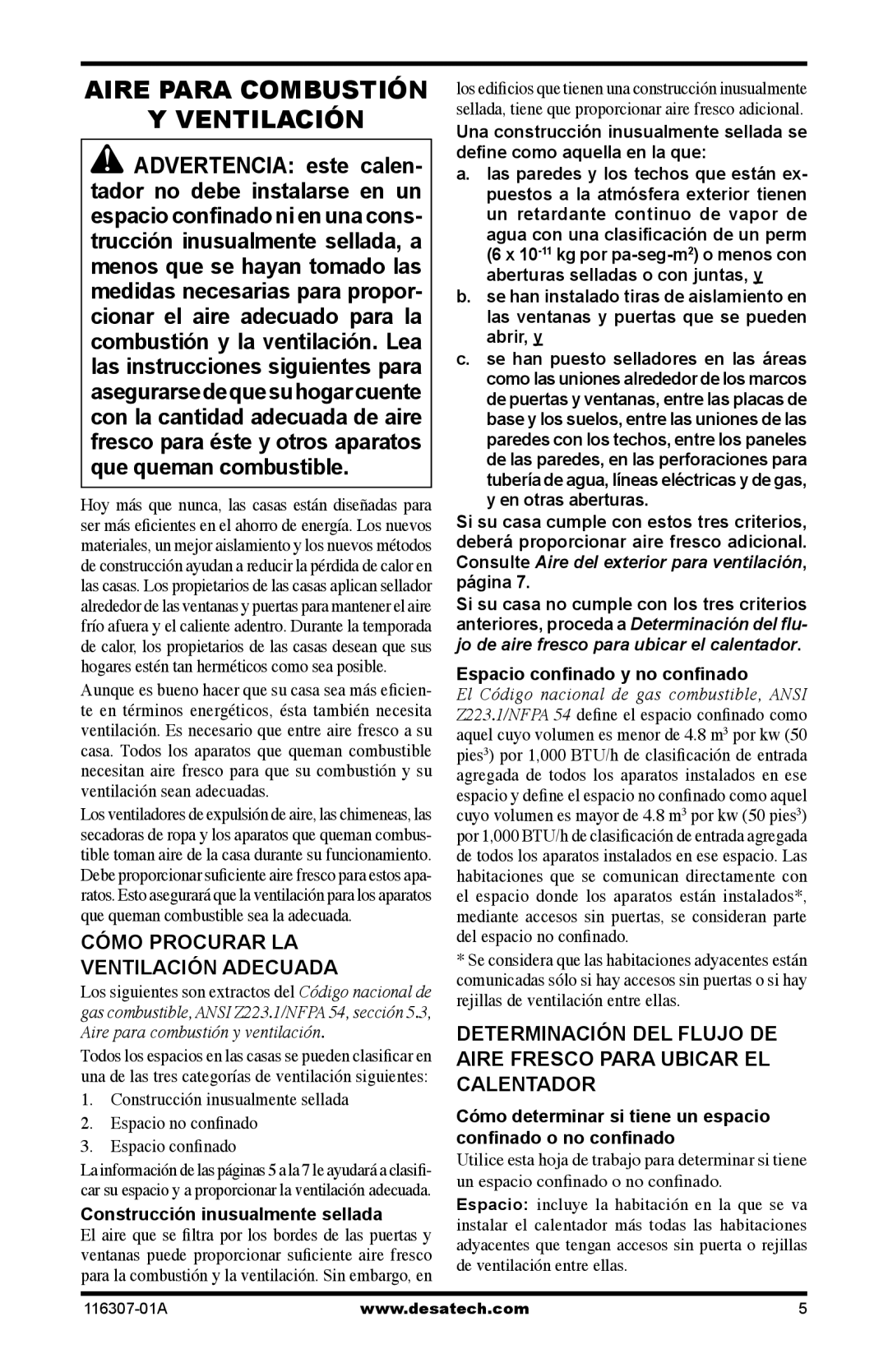 Desa SF20NT Aire Para Combustión Ventilación, Cómo Procurar LA Ventilación Adecuada, Construcción inusualmente sellada 