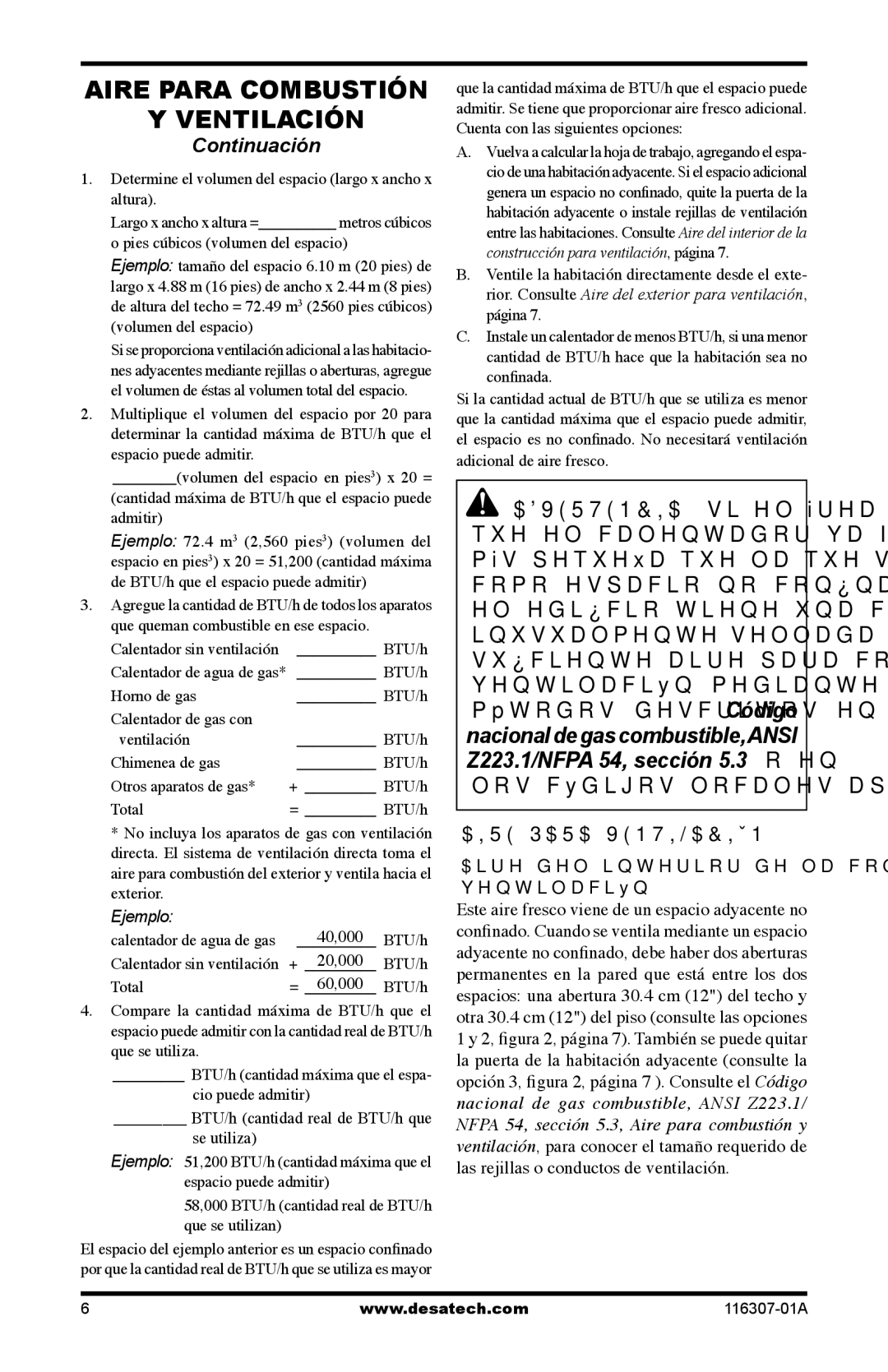 Desa SF20NT installation manual Aire Para Ventilación, Aire del interior de la construcción para ventilación 